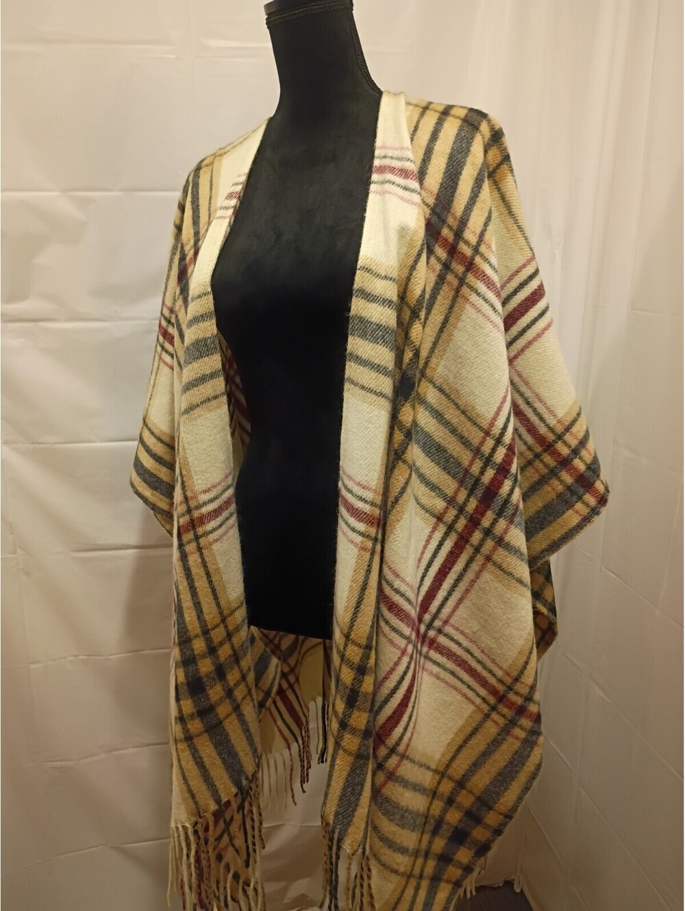 Woolrich Plaid Blanket Coat Wrap SHAWL Cape PONCHO Burgundy Tan Women's ONE SIZE